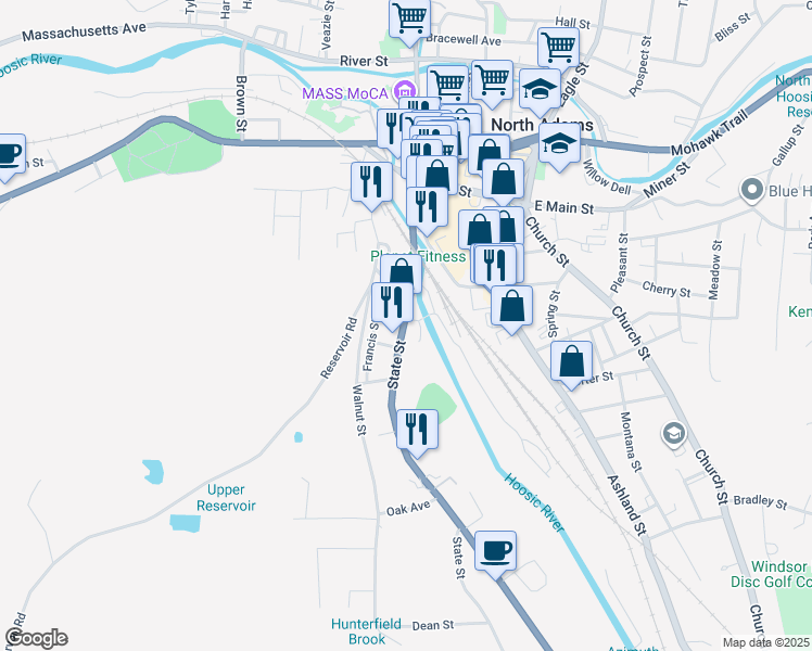 map of restaurants, bars, coffee shops, grocery stores, and more near 19-21 Hooker Street in North Adams