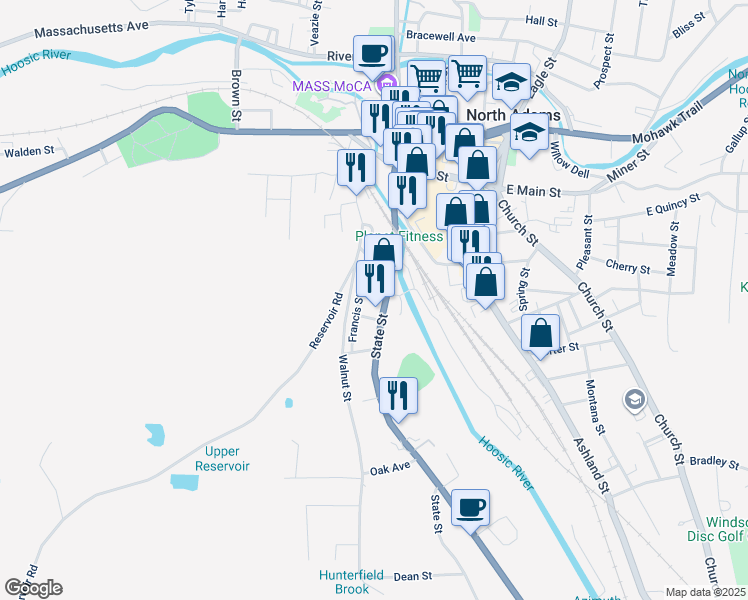 map of restaurants, bars, coffee shops, grocery stores, and more near 19-21 Hooker Street in North Adams