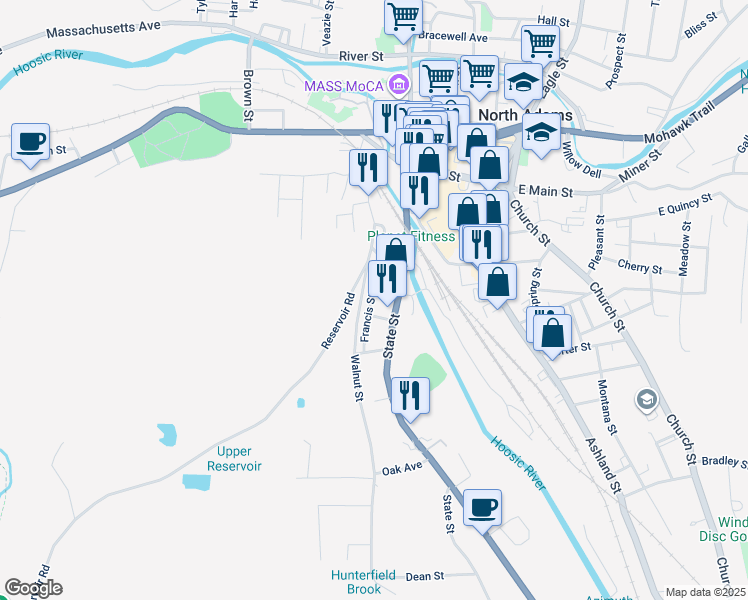 map of restaurants, bars, coffee shops, grocery stores, and more near 19-21 Hooker Street in North Adams