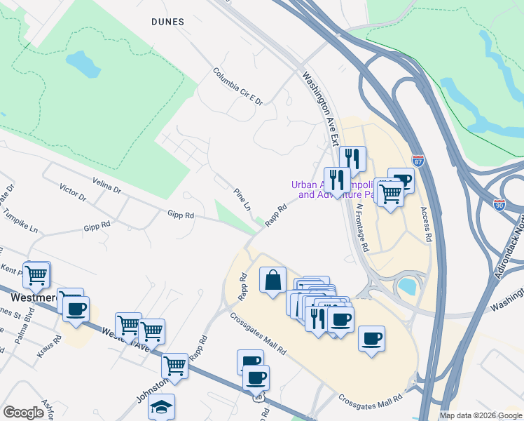 map of restaurants, bars, coffee shops, grocery stores, and more near 71 Rapp Road in Albany