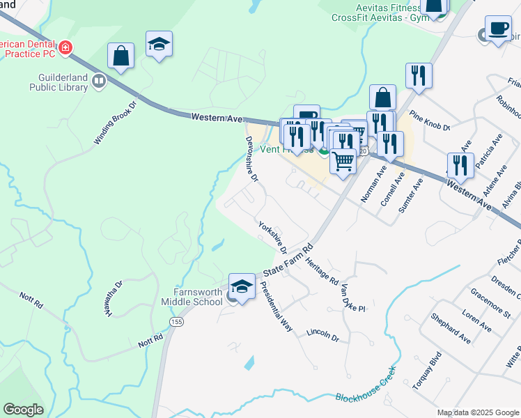 map of restaurants, bars, coffee shops, grocery stores, and more near 2120 Western Avenue in Guilderland