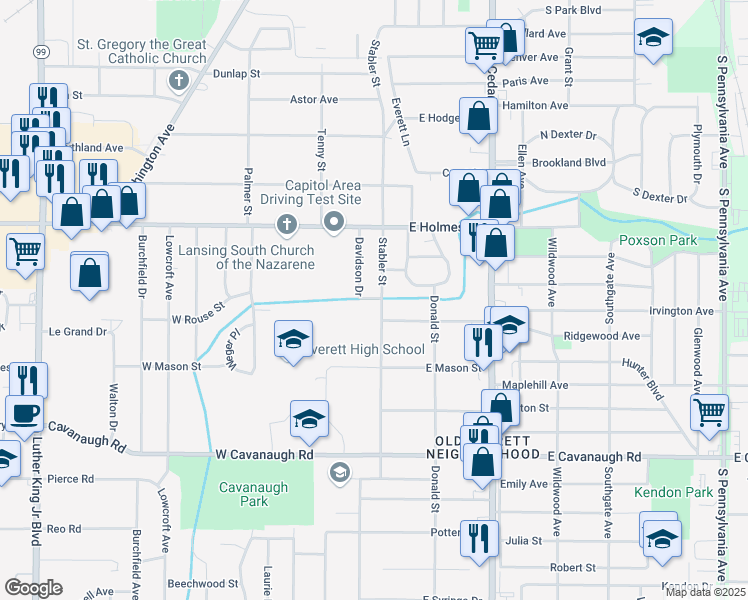 map of restaurants, bars, coffee shops, grocery stores, and more near 3518 Davidson Drive in Lansing