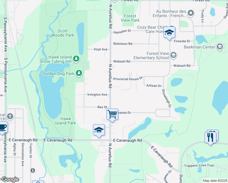 map of restaurants, bars, coffee shops, grocery stores, and more near 3615 North Aurelius Road in Lansing