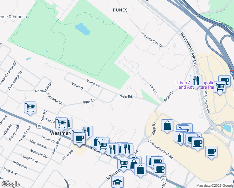 map of restaurants, bars, coffee shops, grocery stores, and more near Gipp Road & Velina Drive in Albany