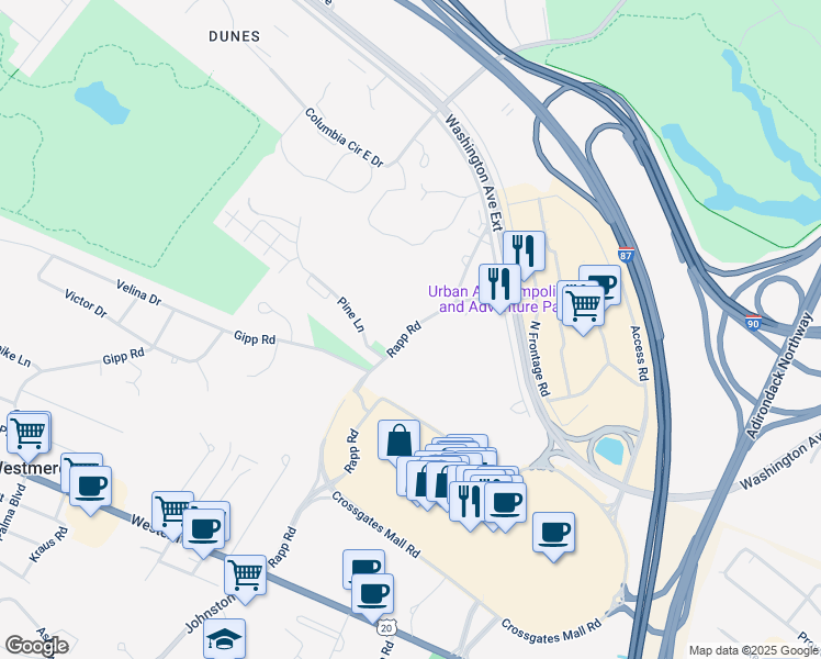 map of restaurants, bars, coffee shops, grocery stores, and more near Rapp Road in Albany