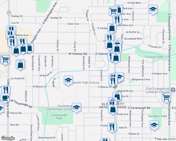 map of restaurants, bars, coffee shops, grocery stores, and more near 3518 Davidson Drive in Lansing