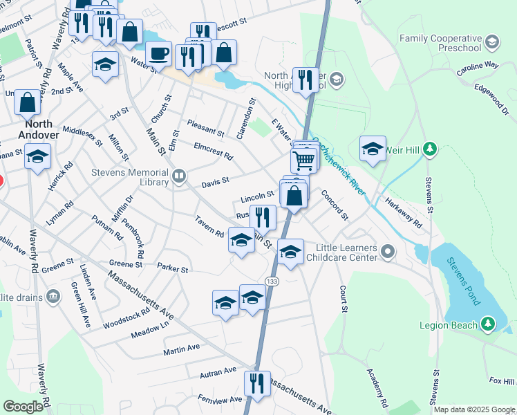 map of restaurants, bars, coffee shops, grocery stores, and more near 6 Allen Street in North Andover