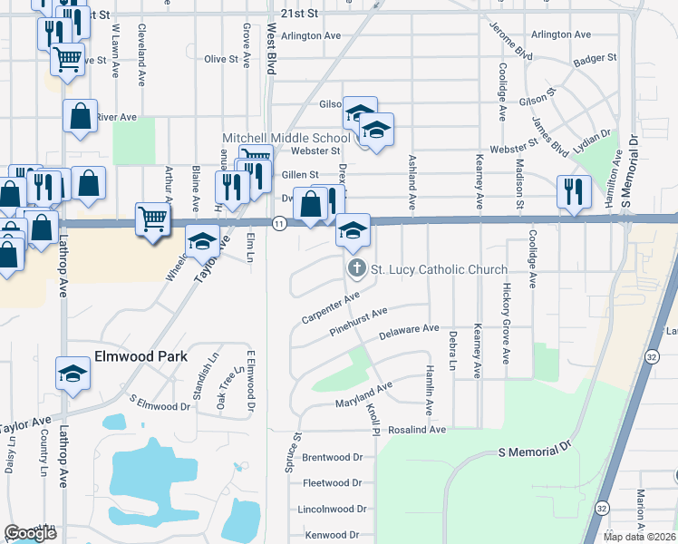 map of restaurants, bars, coffee shops, grocery stores, and more near 3116 Drexel Avenue in Racine