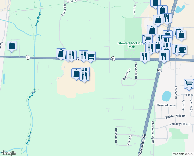 map of restaurants, bars, coffee shops, grocery stores, and more near 3049 South Oakes Road in Sturtevant
