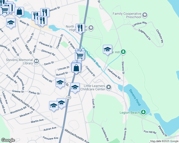 map of restaurants, bars, coffee shops, grocery stores, and more near 10 Concord Street in North Andover