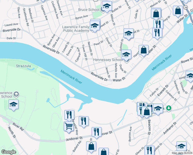 map of restaurants, bars, coffee shops, grocery stores, and more near 432 Riverside Drive in Lawrence