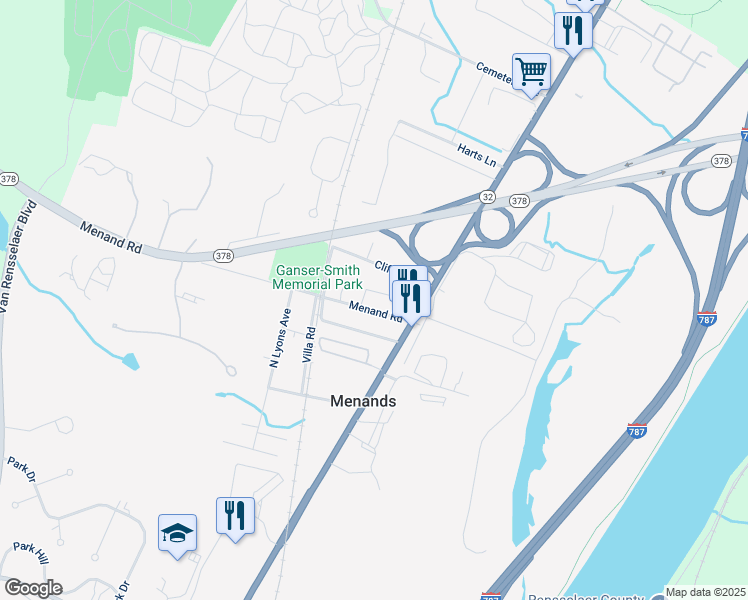 map of restaurants, bars, coffee shops, grocery stores, and more near 10 Menand Road in Menands