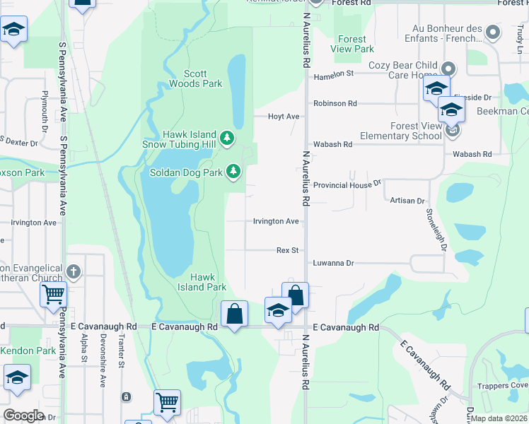 map of restaurants, bars, coffee shops, grocery stores, and more near 1810 Irvington Avenue in Lansing