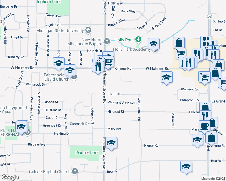 map of restaurants, bars, coffee shops, grocery stores, and more near 2041 Ferrol Street in Lansing