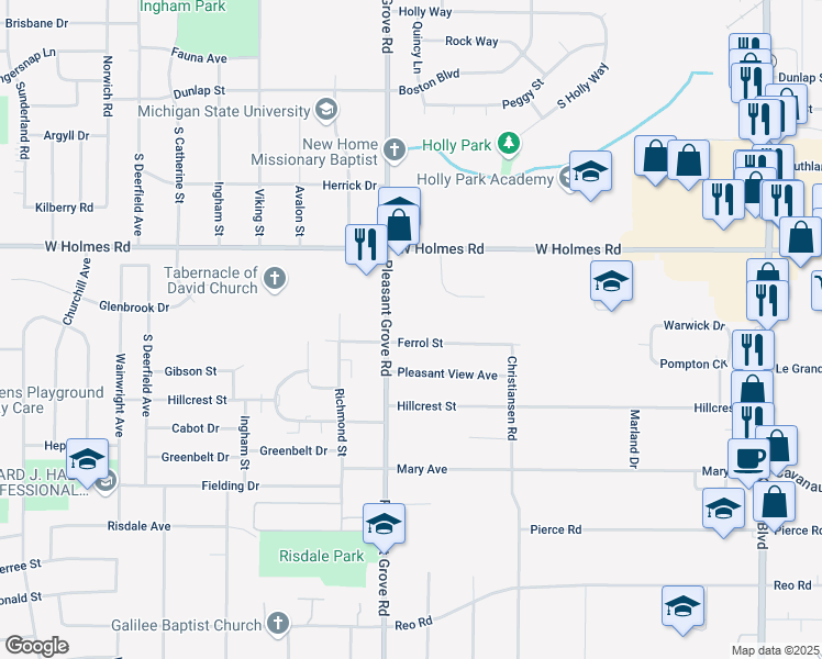 map of restaurants, bars, coffee shops, grocery stores, and more near 3709 Pleasant Grove Road in Lansing