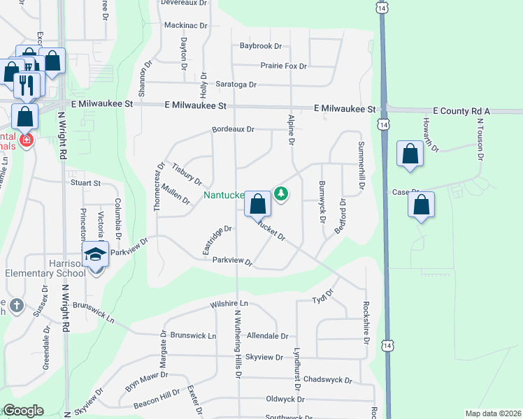 map of restaurants, bars, coffee shops, grocery stores, and more near 969 Nantucket Drive in Janesville