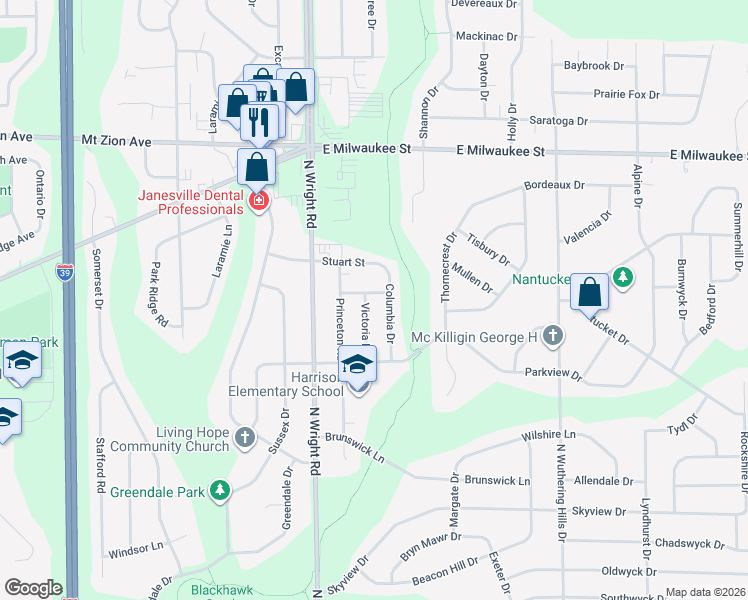 map of restaurants, bars, coffee shops, grocery stores, and more near 836 Victoria Place in Janesville
