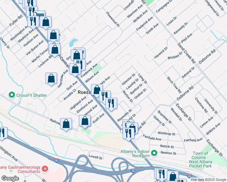 map of restaurants, bars, coffee shops, grocery stores, and more near 12 Keystone Court in Colonie