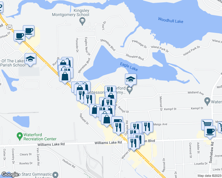 map of restaurants, bars, coffee shops, grocery stores, and more near 4978 Oak Hill Drive in Waterford Township