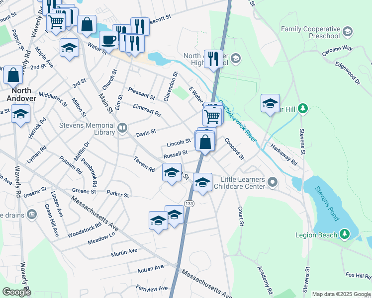 map of restaurants, bars, coffee shops, grocery stores, and more near 17 Lincoln Street in North Andover