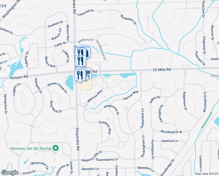 map of restaurants, bars, coffee shops, grocery stores, and more near 2555 Marissa Way in Shelby charter Township