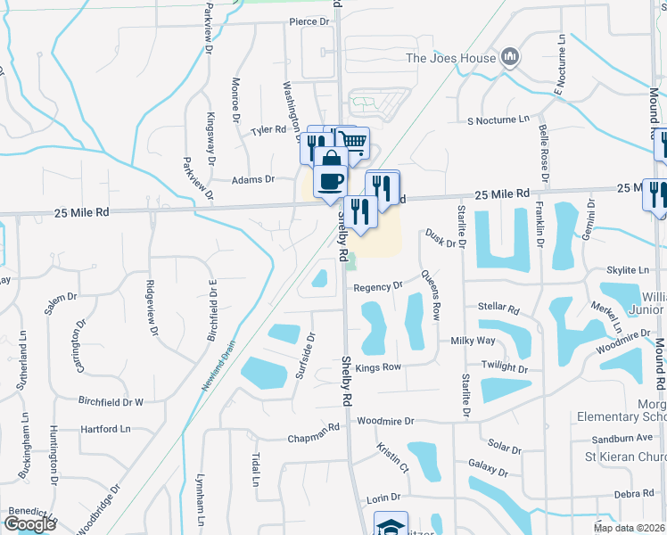 map of restaurants, bars, coffee shops, grocery stores, and more near 54935 Shelby Road in Macomb County
