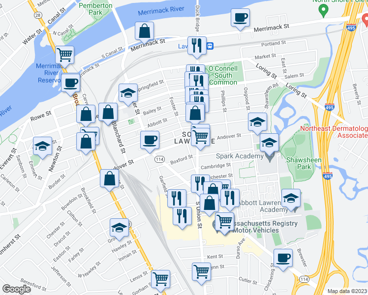 map of restaurants, bars, coffee shops, grocery stores, and more near in Lawrence
