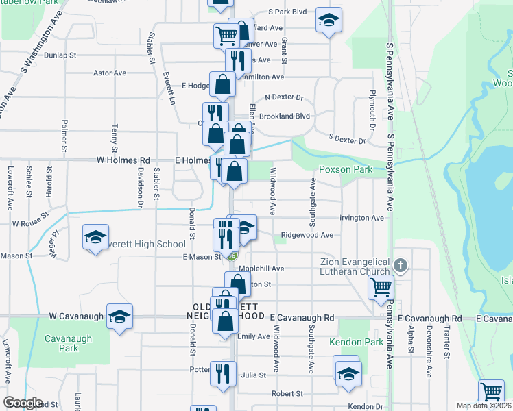 map of restaurants, bars, coffee shops, grocery stores, and more near 542 Vernon Avenue in Lansing