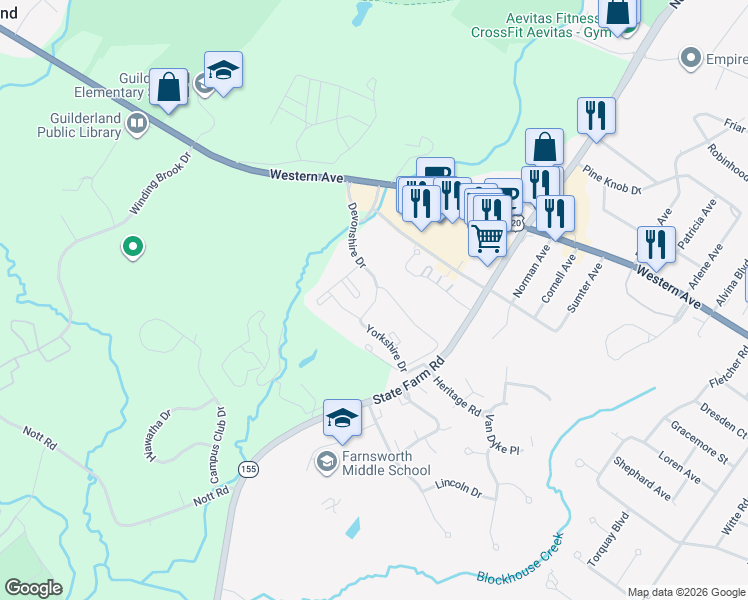 map of restaurants, bars, coffee shops, grocery stores, and more near 2120 Western Avenue in Guilderland