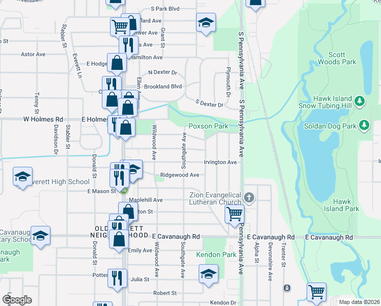 map of restaurants, bars, coffee shops, grocery stores, and more near 3518 Southgate Avenue in Lansing