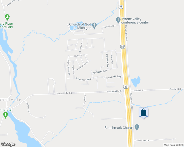 map of restaurants, bars, coffee shops, grocery stores, and more near Liberty Mill Drive in Fenton