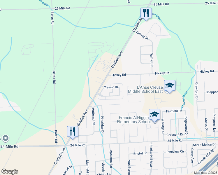 map of restaurants, bars, coffee shops, grocery stores, and more near Classic Drive in New Baltimore