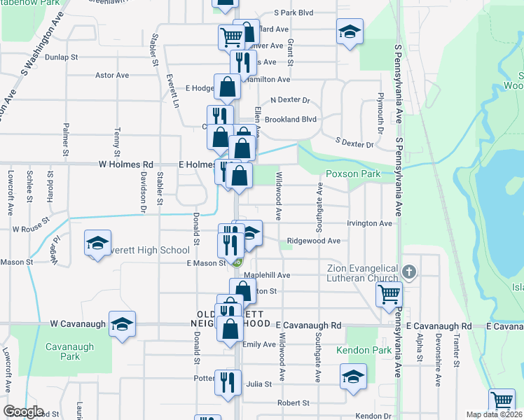map of restaurants, bars, coffee shops, grocery stores, and more near 542 Vernon Avenue in Lansing