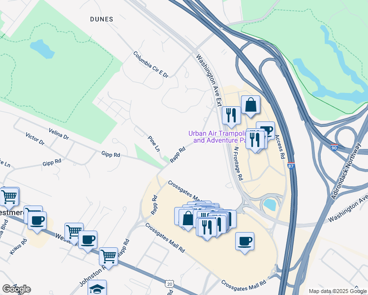map of restaurants, bars, coffee shops, grocery stores, and more near 45 Rapp Road in Albany