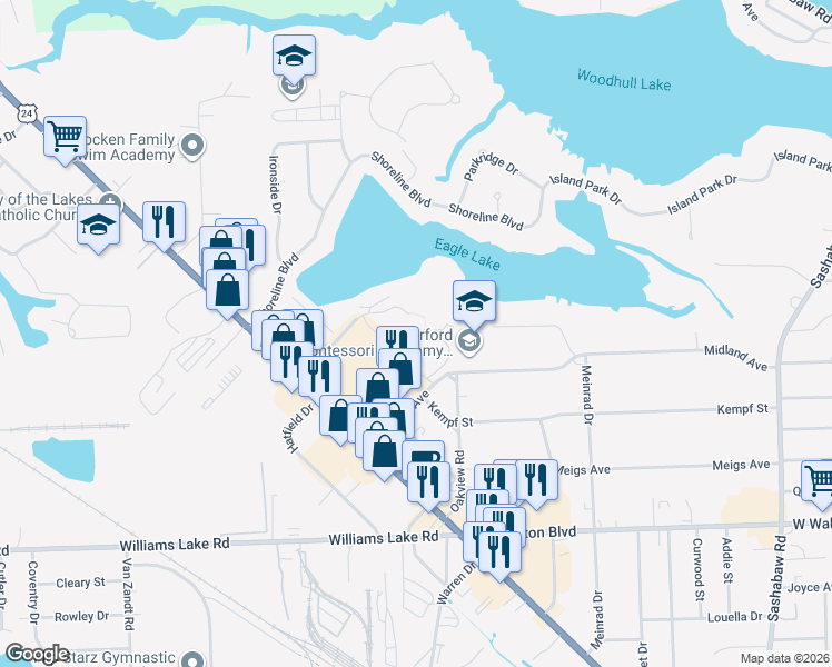 map of restaurants, bars, coffee shops, grocery stores, and more near 4923 Oak Hill Drive in Waterford Township