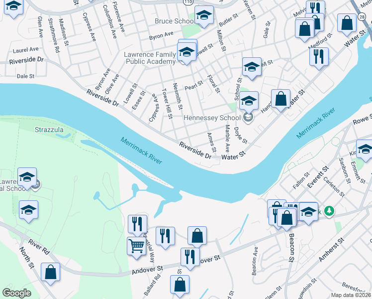 map of restaurants, bars, coffee shops, grocery stores, and more near 432 Riverside Drive in Lawrence