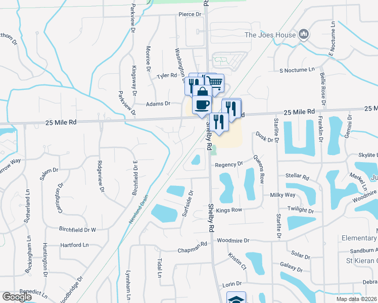 map of restaurants, bars, coffee shops, grocery stores, and more near Macomb Orchard Trail in Utica