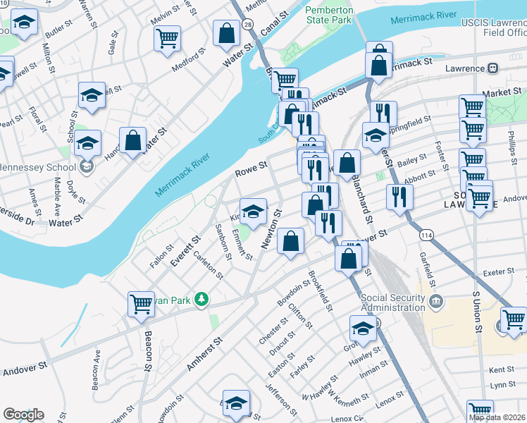 map of restaurants, bars, coffee shops, grocery stores, and more near 41 Kingston Street in Lawrence