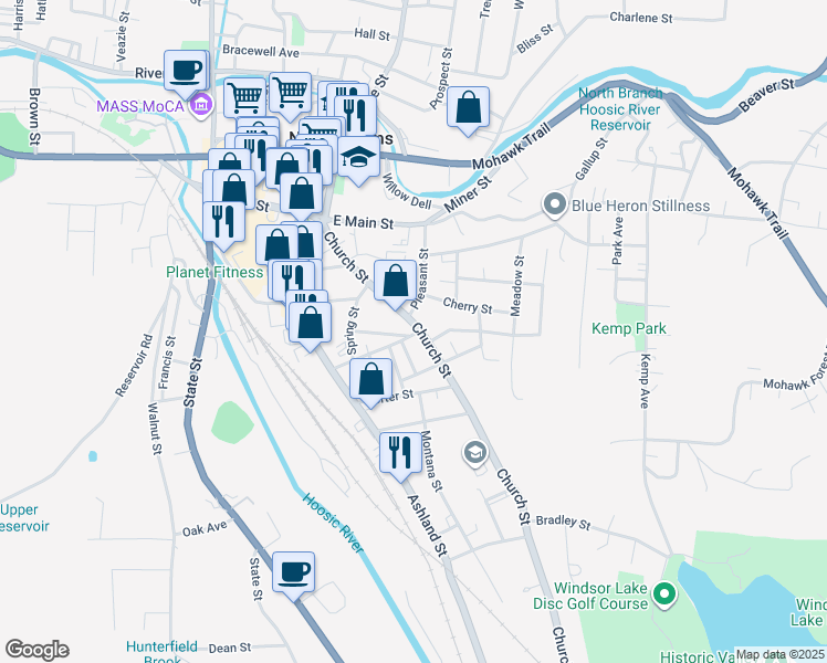 map of restaurants, bars, coffee shops, grocery stores, and more near 188 Pleasant Street in North Adams
