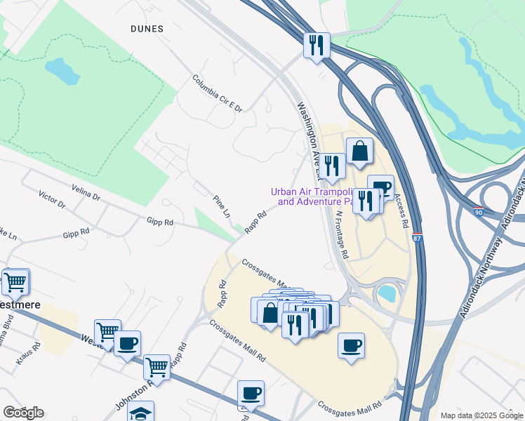 map of restaurants, bars, coffee shops, grocery stores, and more near 45 Rapp Road in Albany