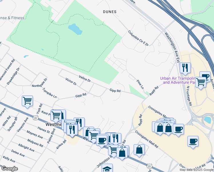map of restaurants, bars, coffee shops, grocery stores, and more near 5 Velina Drive in Albany