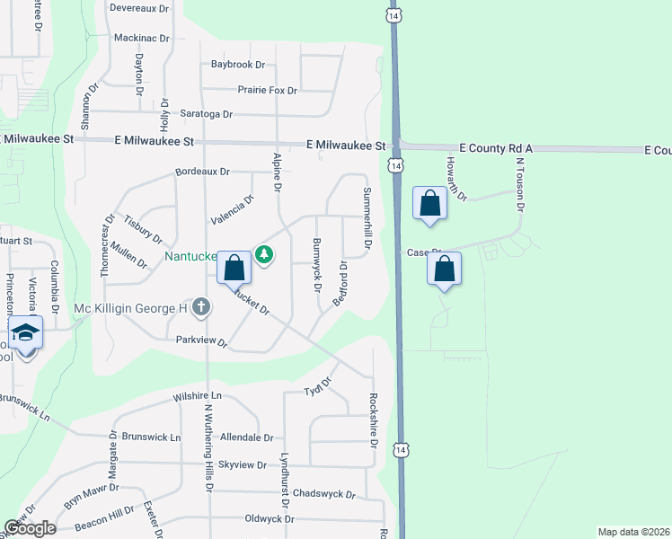 map of restaurants, bars, coffee shops, grocery stores, and more near 1011 Summerhill Drive in Janesville