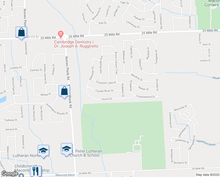 map of restaurants, bars, coffee shops, grocery stores, and more near 17949 Crystal River Drive in Macomb