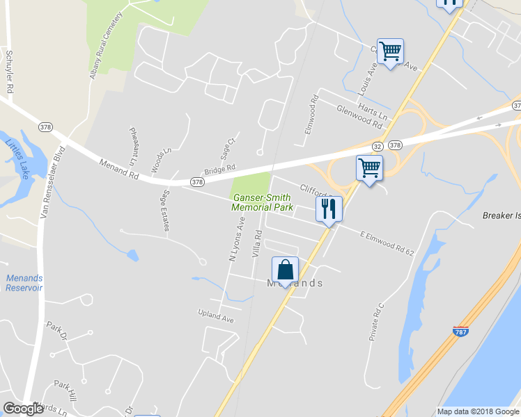 map of restaurants, bars, coffee shops, grocery stores, and more near 63 Menand Road in Menands