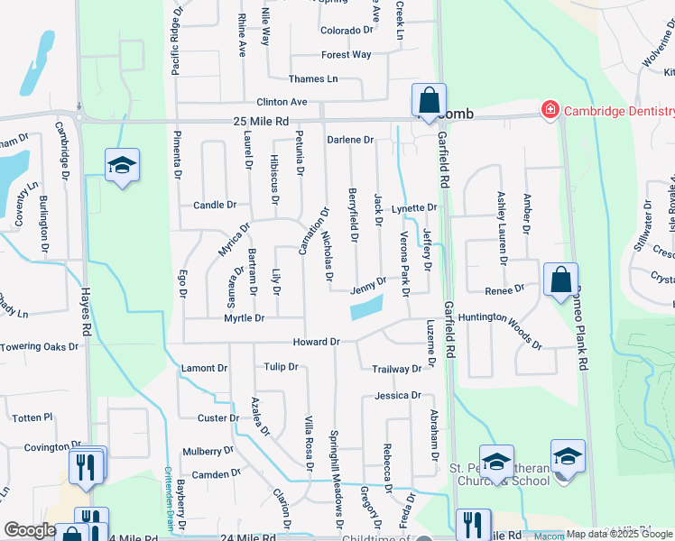 map of restaurants, bars, coffee shops, grocery stores, and more near 54363 Berryfield Drive in Macomb