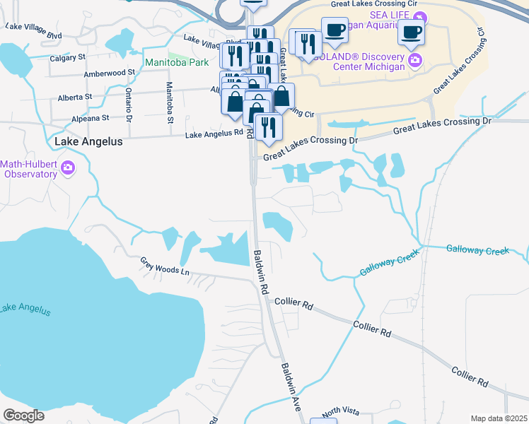 map of restaurants, bars, coffee shops, grocery stores, and more near 20 Delevan Street in Auburn Hills