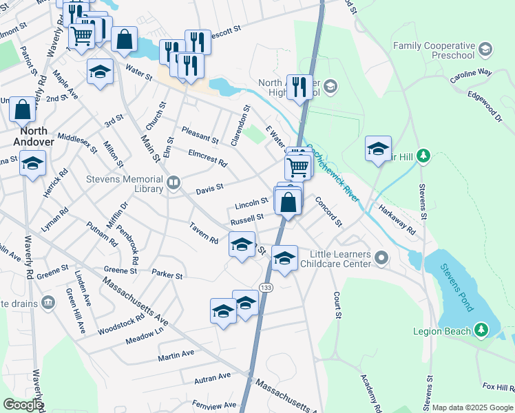 map of restaurants, bars, coffee shops, grocery stores, and more near 17 Lincoln Street in North Andover