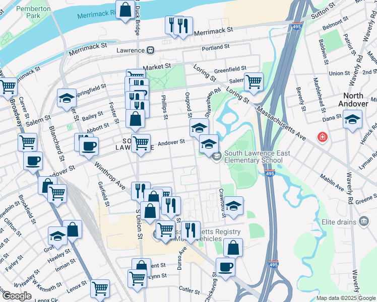 map of restaurants, bars, coffee shops, grocery stores, and more near 89 Andover Street in Lawrence