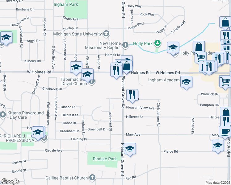 map of restaurants, bars, coffee shops, grocery stores, and more near 3601 Richmond Street in Lansing
