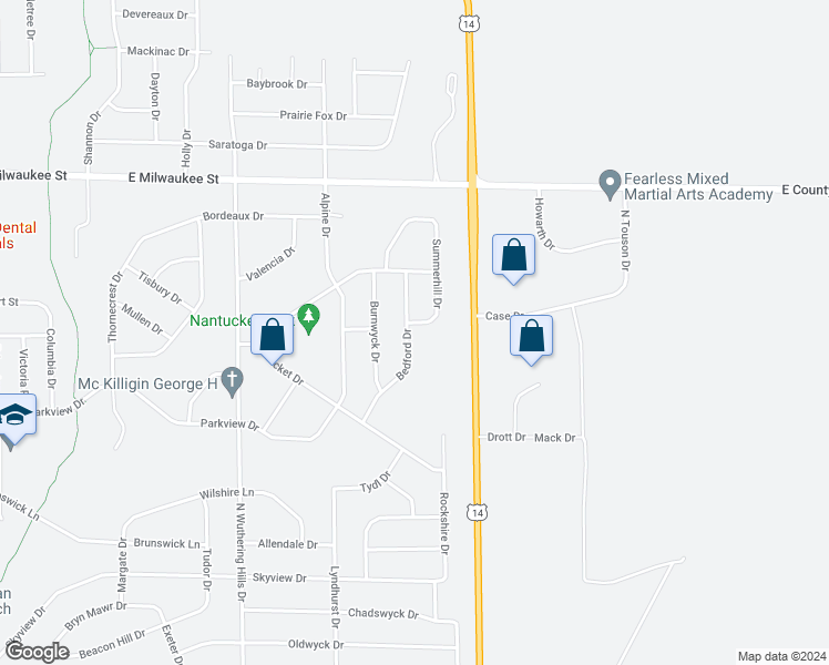 map of restaurants, bars, coffee shops, grocery stores, and more near 1006 Summerhill Drive in Janesville